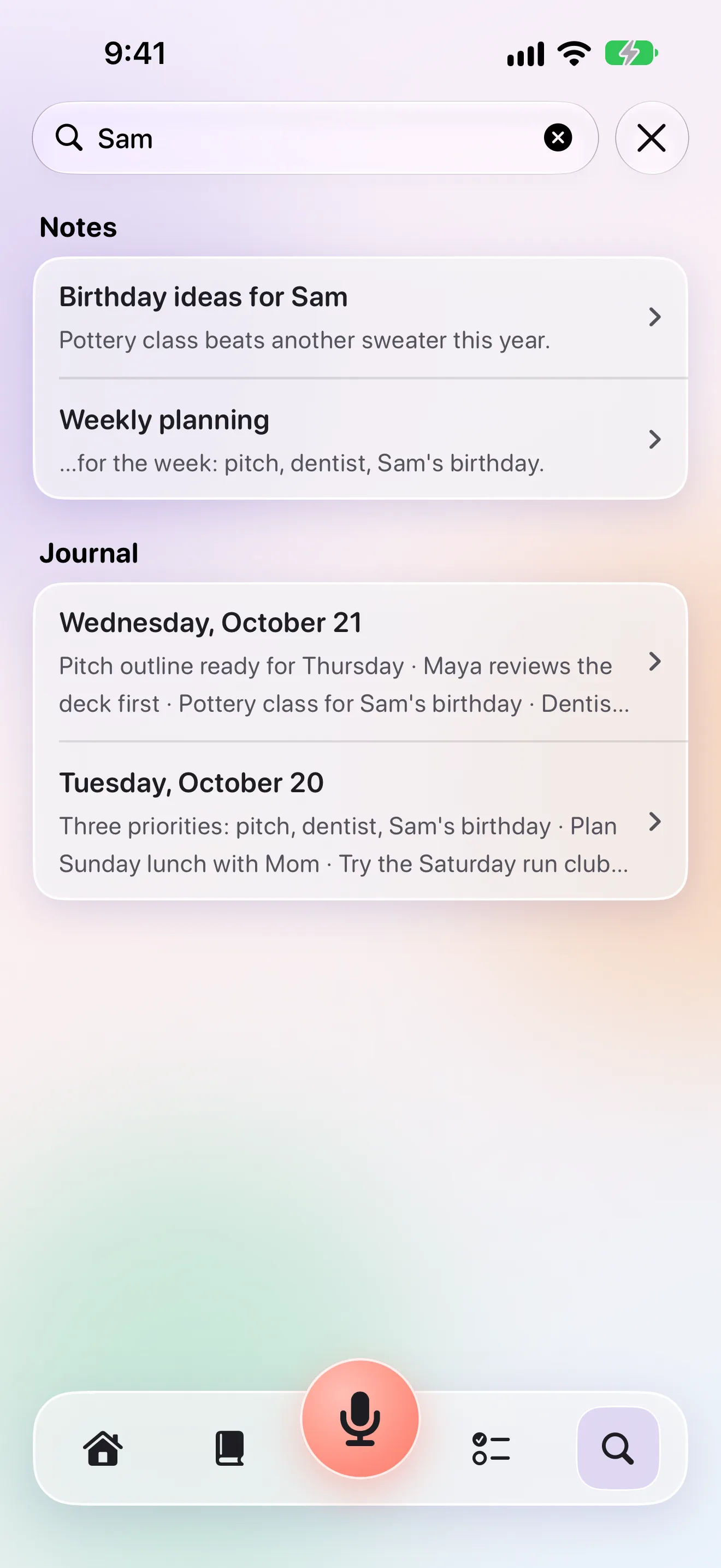 Search results across notes and journal entries